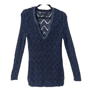White House Black Market Navy Embellished Crochet Open Knit Sweater Size Medium
